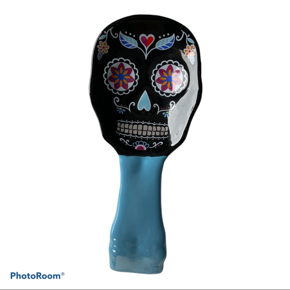 Sugar Skull Spoon Rest Artisan Ceramic Day if The Dead MultiColor Black - Picture 2 of 7